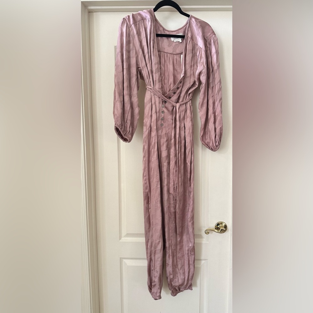 Anthropology, satin romper in rose gold color